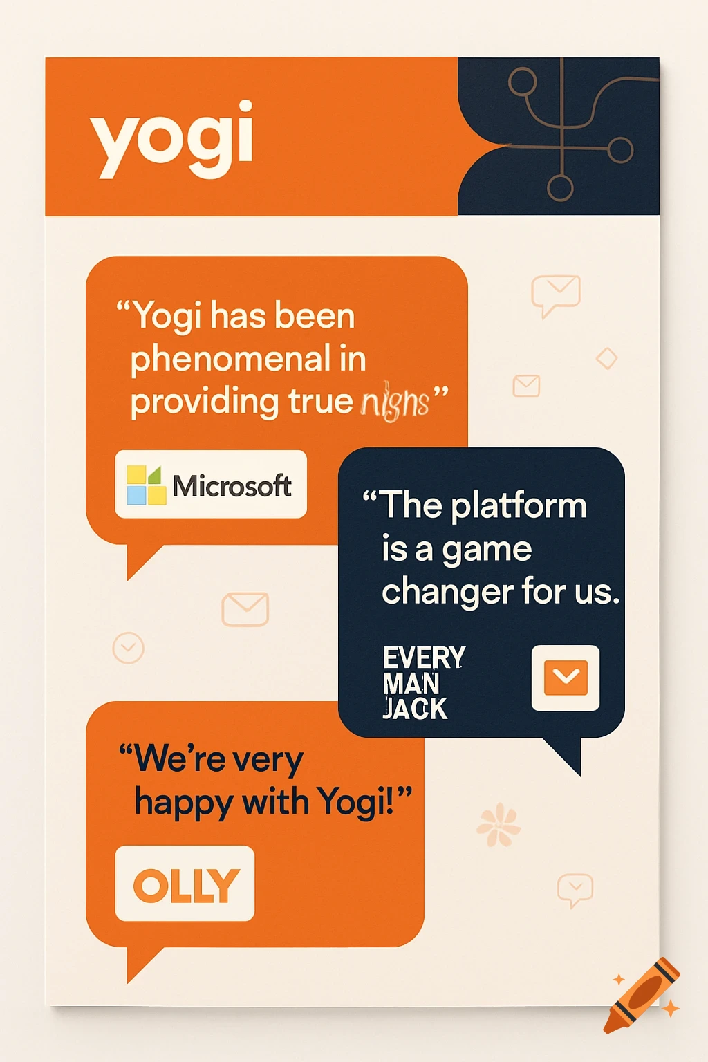 Graphic design of a company newsletter featuring customer testimonials from Microsoft, Every Man Jack, and Olly, with orange and navy branding.