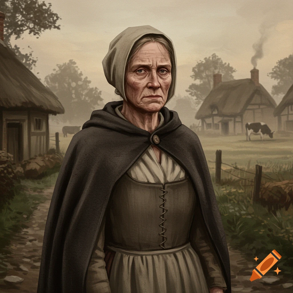 Illustration of a somber, weathered old woman in a gray coif and dark cloak on a dirt path in a misty rural village with thatched cottages.