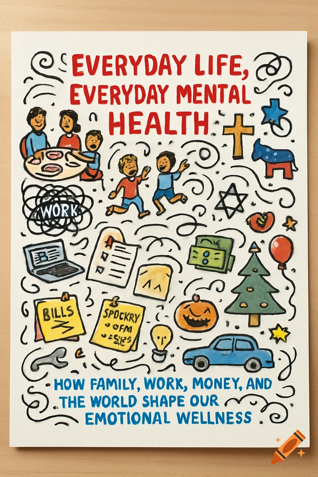 A colorful doodle-style illustration on a white sheet, depicting various elements of everyday life like family, work, money, holidays, and symbols of different religions, with the title "Everyday Life, Everyday Mental Health" in red and a subtitle in blue.
