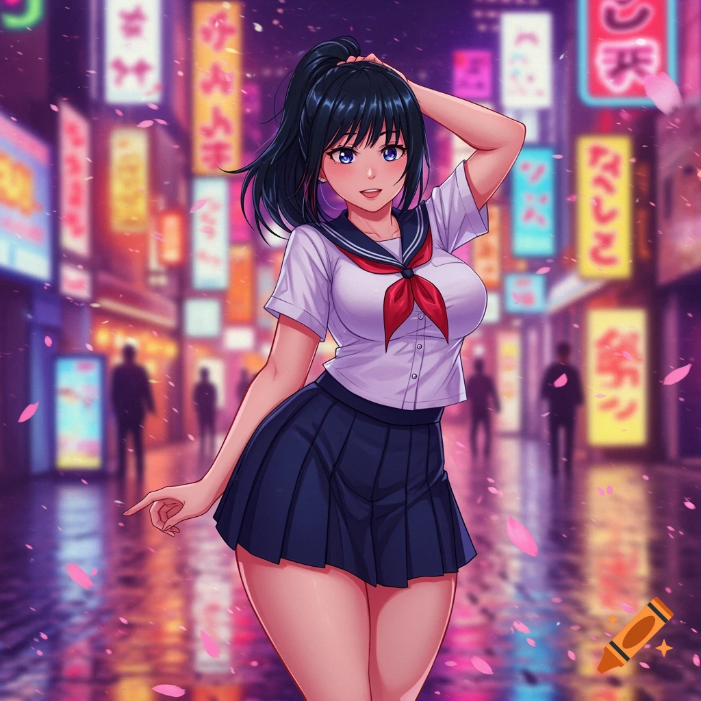 Anime girl in a school uniform on a neon-lit city street at night.