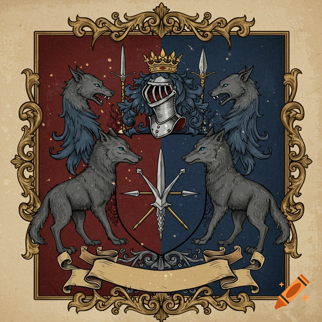 A detailed family crest featuring four gray wolves, a knight's helmet with a crown, and spears on a red and blue shield, framed by an ornate gold border.