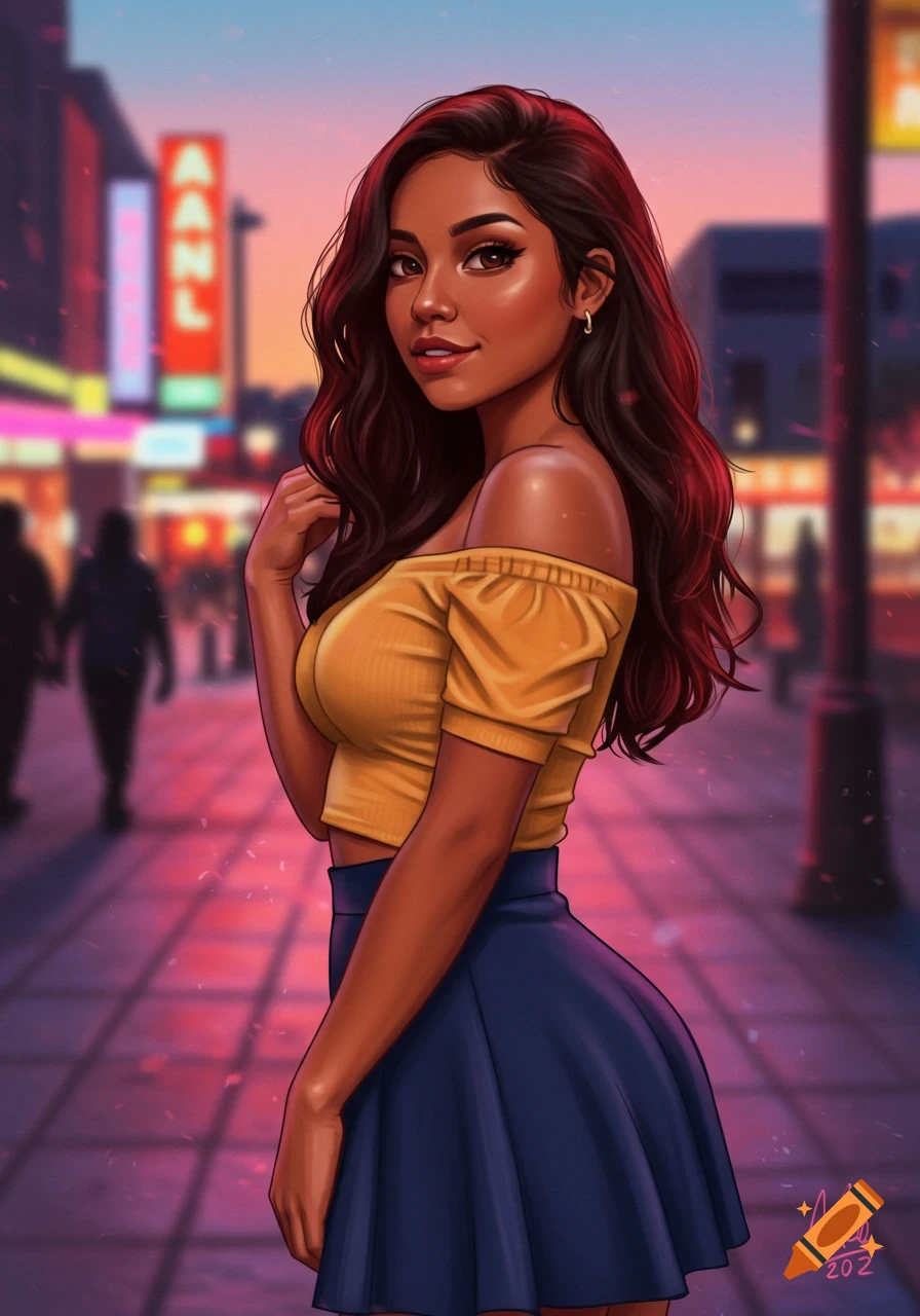 A stylized digital art portrait of a Latina woman with dark hair and a yellow off-shoulder top, standing on a city street at sunset.