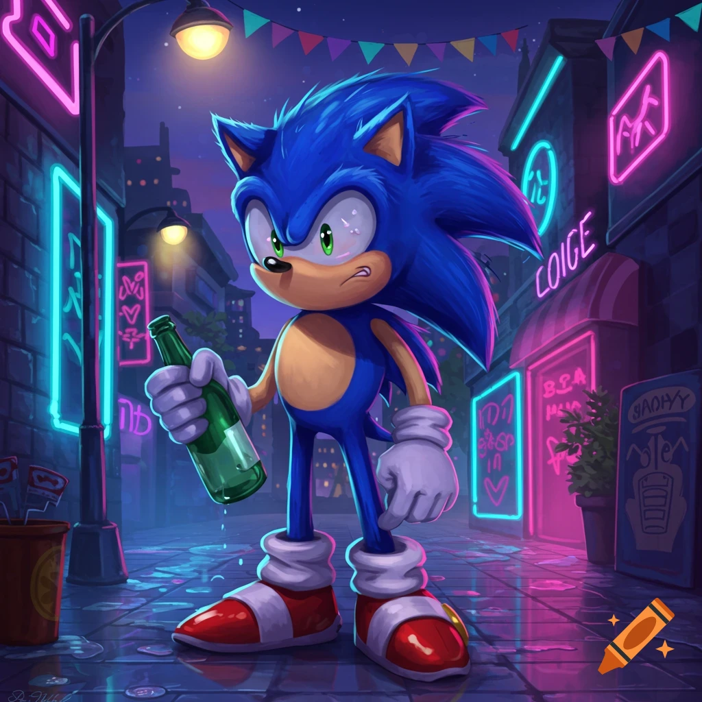 Sonic the Hedgehog, looking disheveled, stands on a wet street at night holding a green bottle, surrounded by glowing neon signs and streetlights.