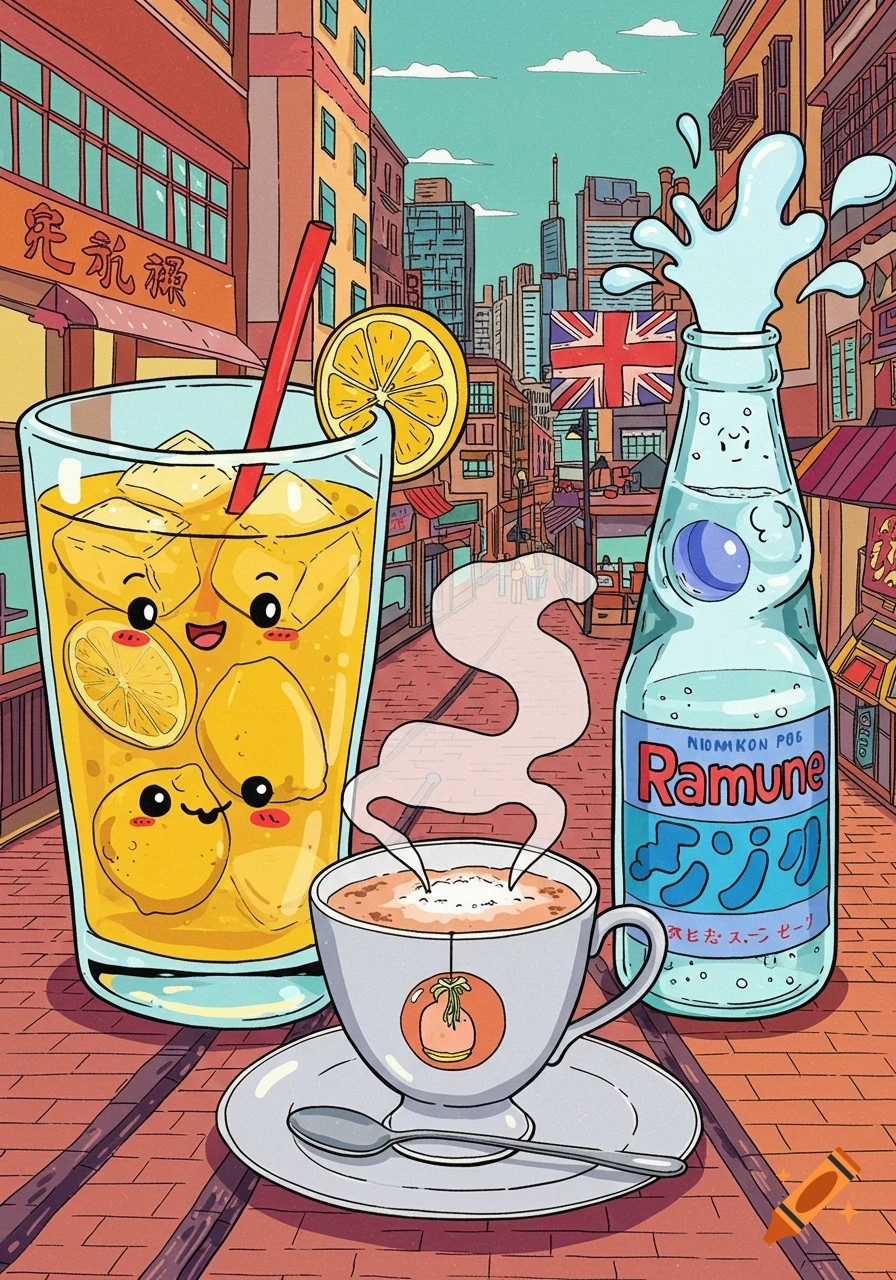 A cartoon illustration of a large glass of lemon tea with happy lemons, a steaming cup of London Fog, and a Ramune bottle splashing, set on a brick street in a city with a British flag visible.