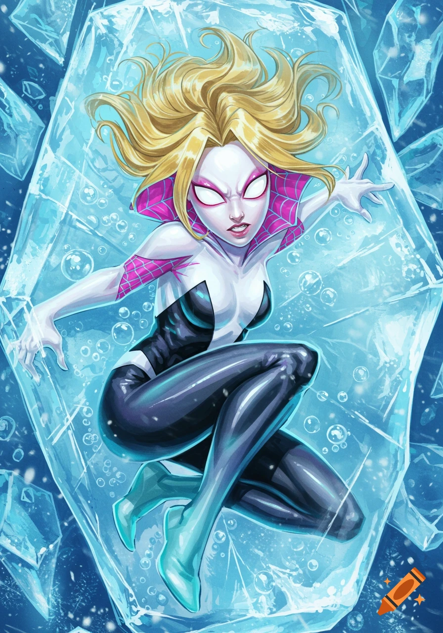 Unmasked Spider-Gwen with blonde hair frozen within a block of ice in a comic art style.