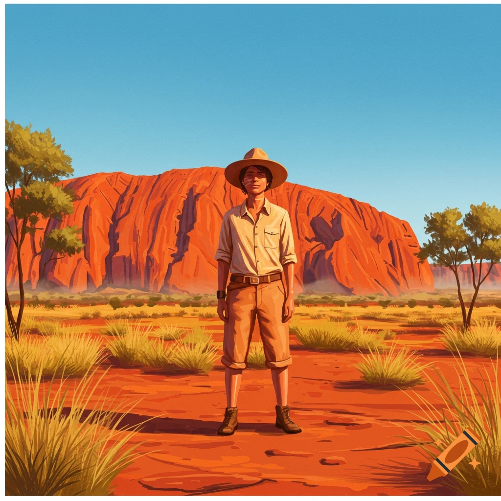 An illustration of a person in a hat and safari outfit standing in a red desert landscape with a large, reddish-orange rock formation under a clear blue sky.