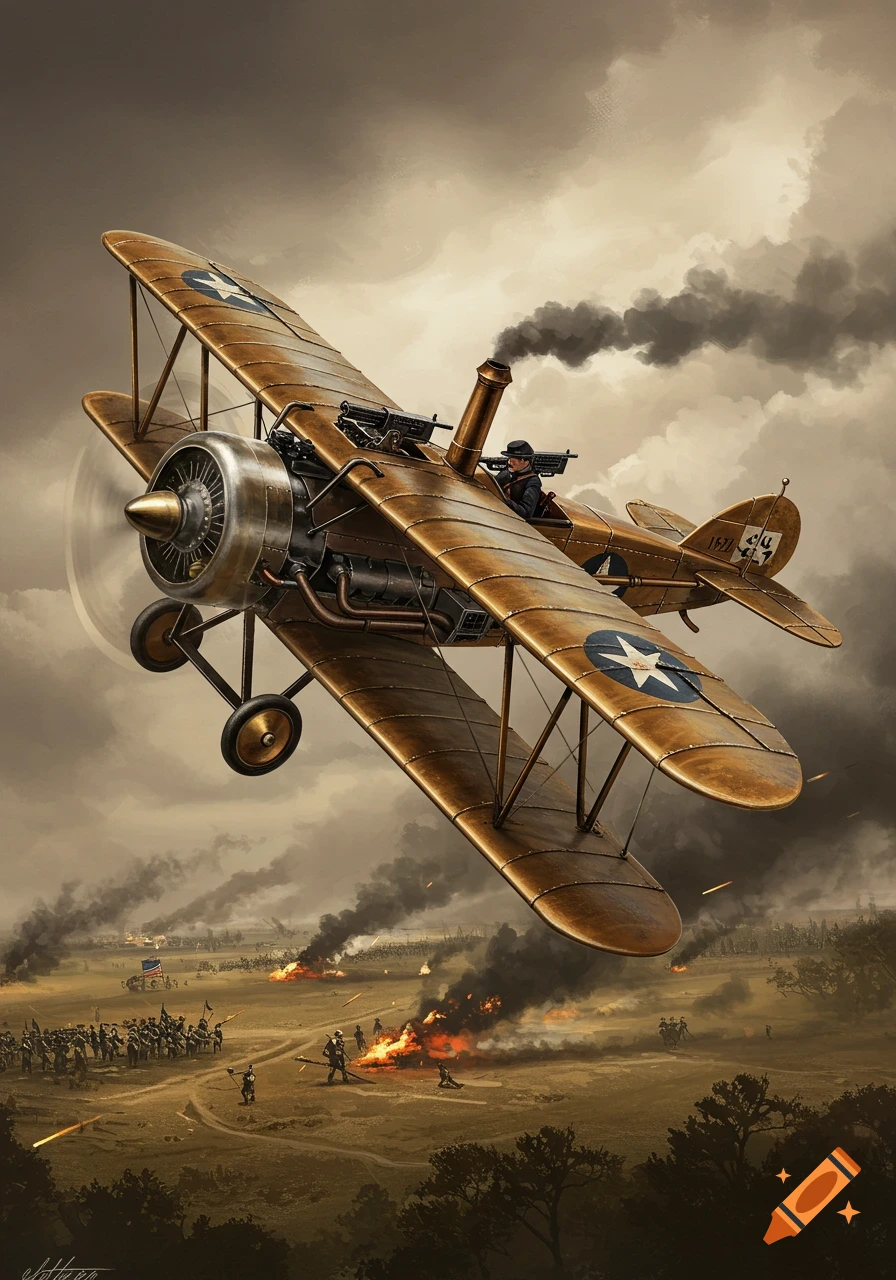 A steampunk biplane with a smokestack and machine guns flies over a Civil War battlefield with soldiers, smoke, and fires.