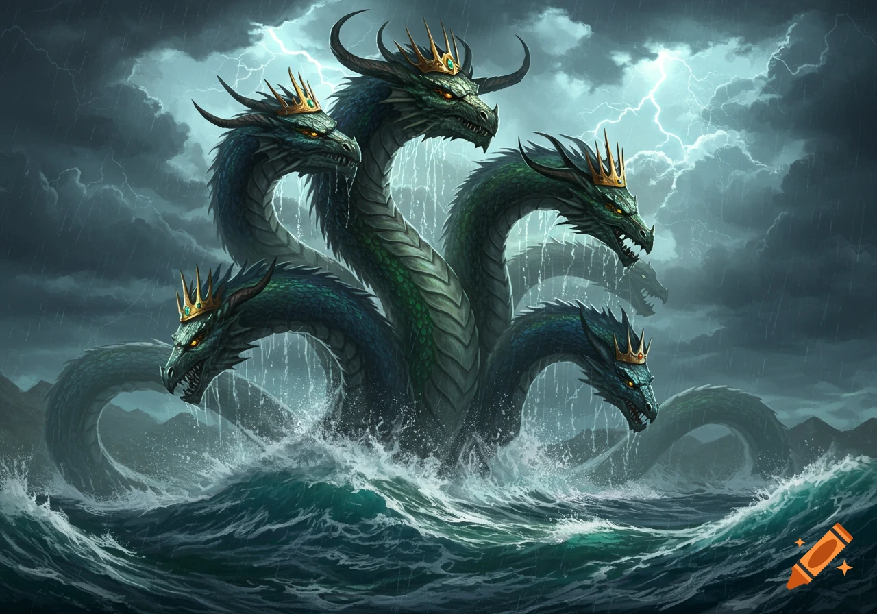 A multi-headed green dragon-like beast with golden crowns rising out of stormy ocean waters with lightning in the sky.