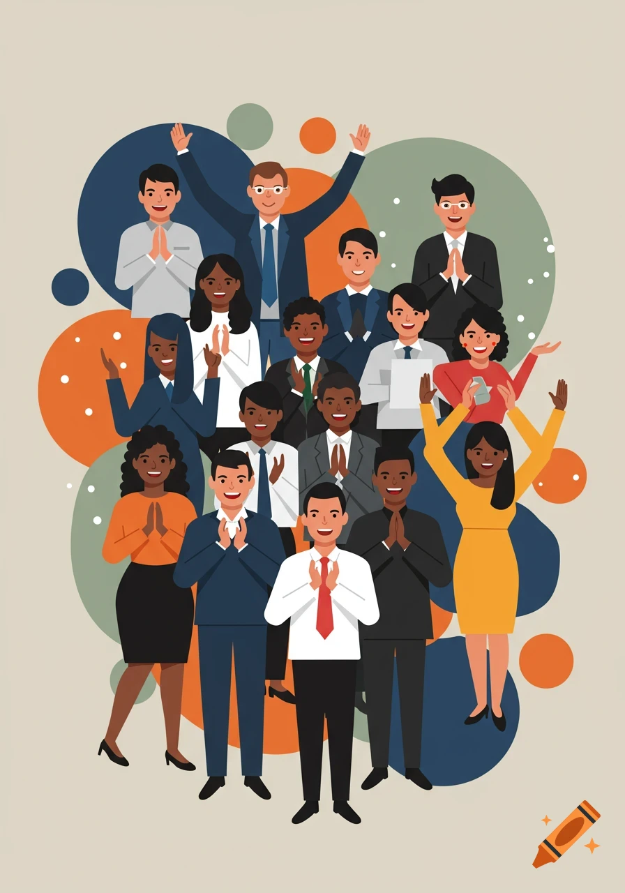 A diverse group of men and women in business attire celebrating at a corporate event, in a stylized illustration.