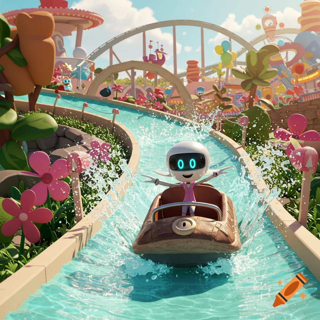 A cheerful cartoon robot with glowing blue eyes rides a log flume through a colorful, sunny theme park, splashing water.