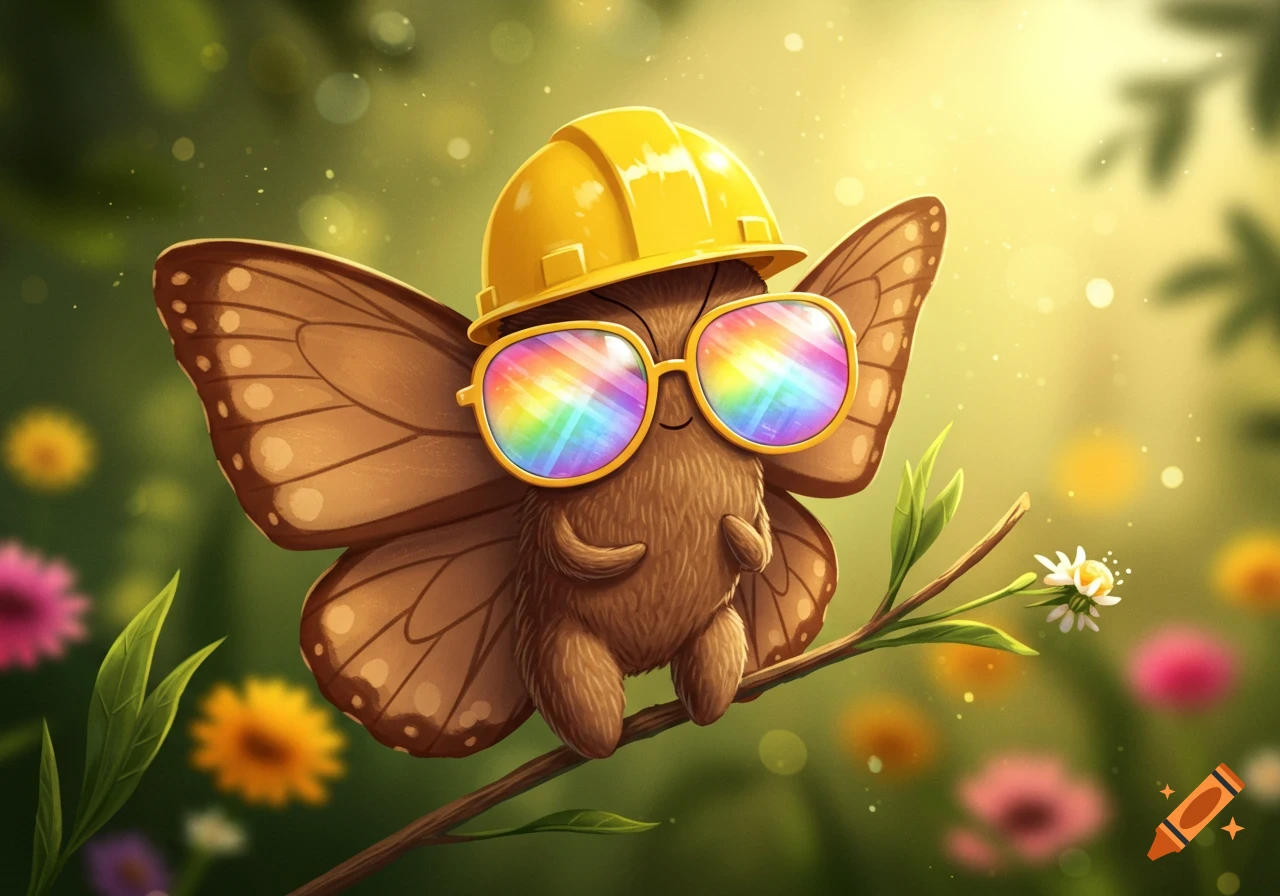 A cute brown butterfly wearing a yellow hard hat and rainbow sunglasses perches on a branch in a sunny, green garden.