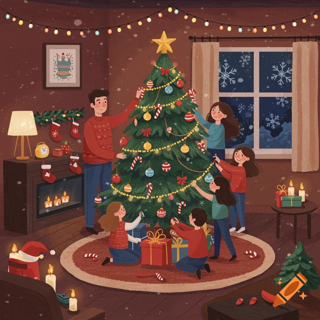 A whimsical illustration of a family decorating a Christmas tree in a cozy living room with snow falling outside.