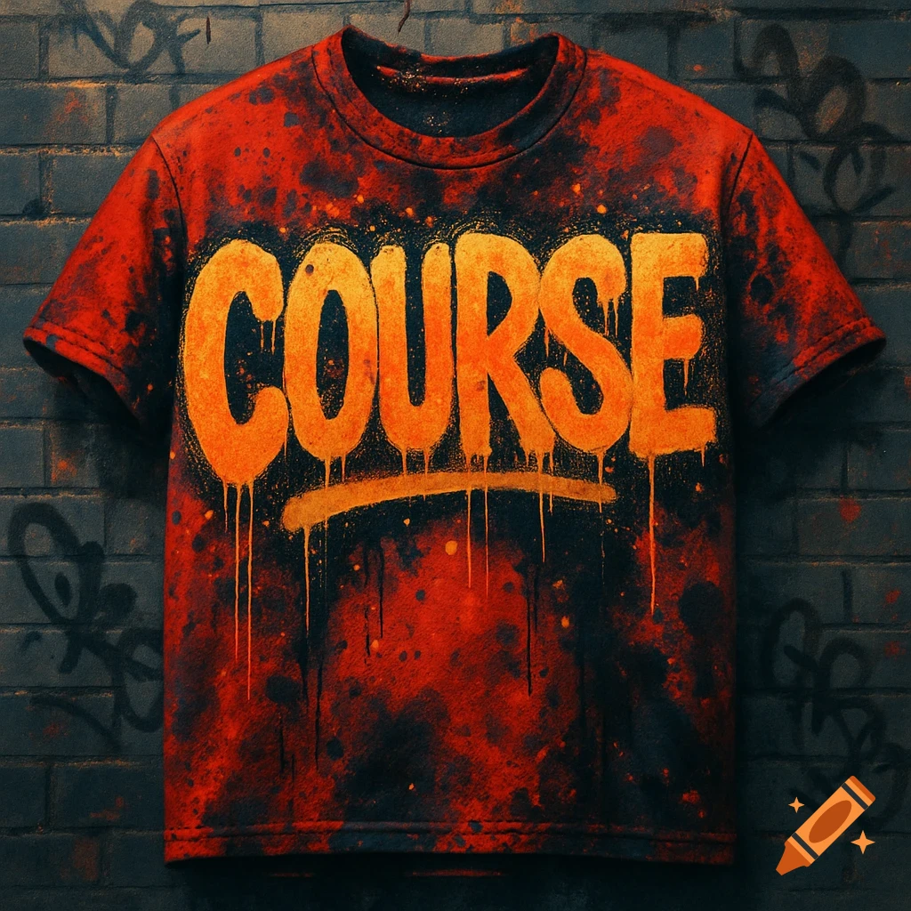 A red and black splatter-painted t-shirt with the word 'COURSE' in bold, dripping orange graffiti letters, hanging against a dark brick wall with faint graffiti.