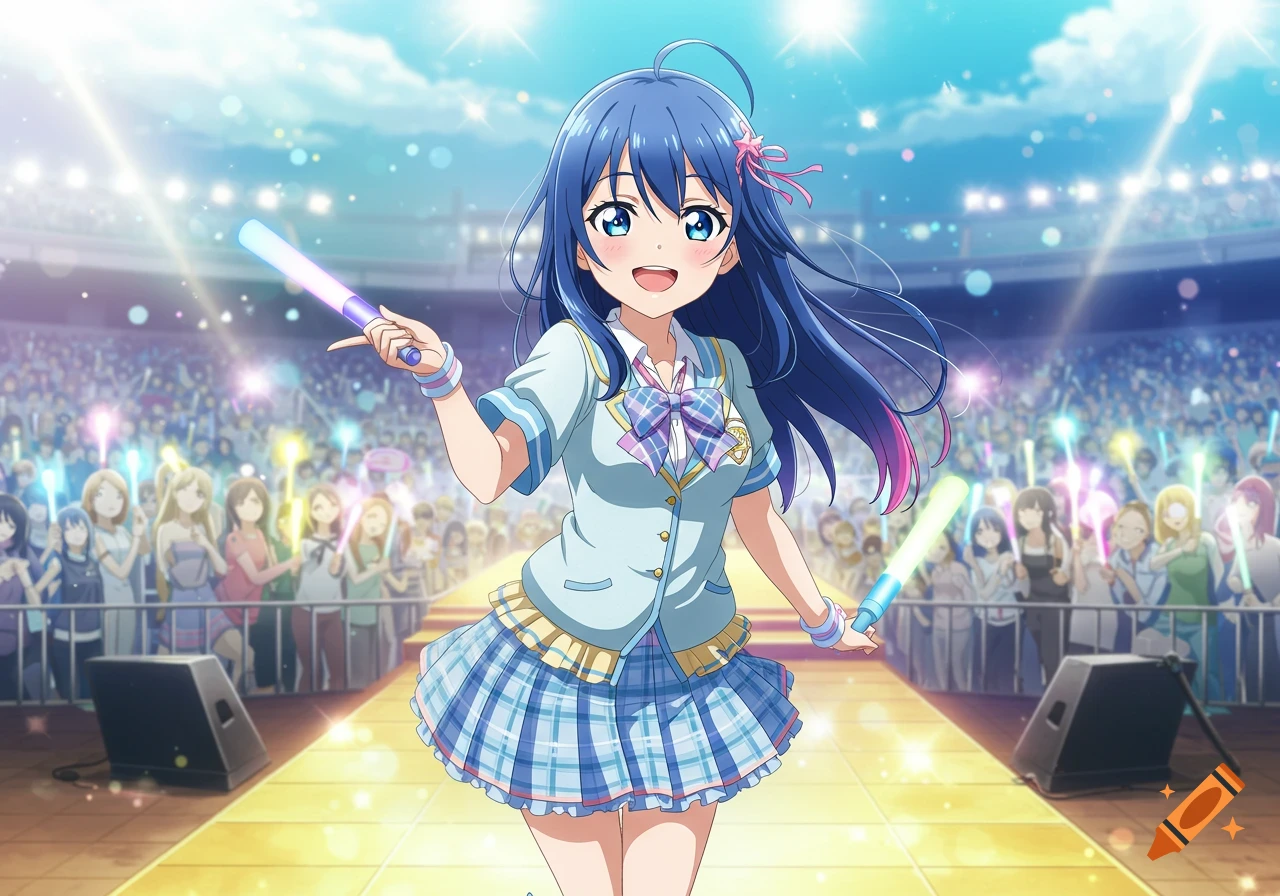 An anime girl with blue hair and a plaid skirt smiles on stage, holding light sticks, with a crowd and bright lights in the background.