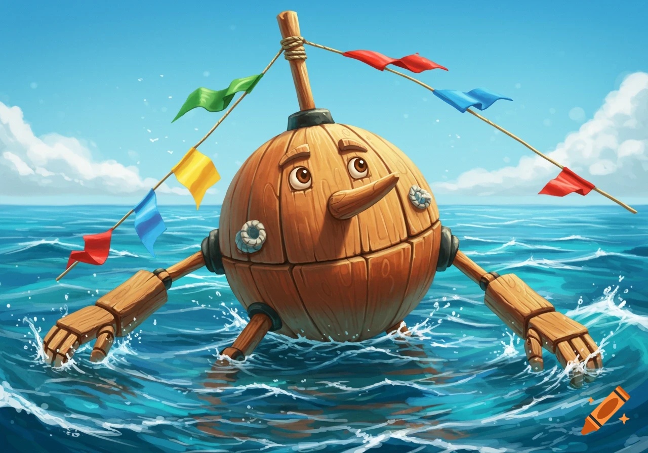A whimsical, wood-like character, a cross between Pinocchio and a buoy, floats in the ocean under a blue sky, adorned with colorful flags.