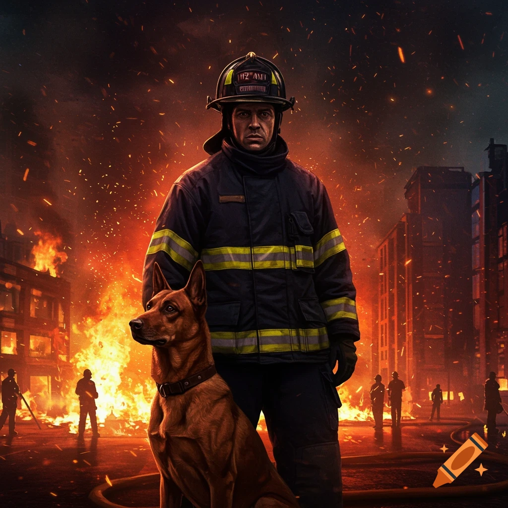 A serious firefighter stands with a dog in front of a burning city at night with embers flying.