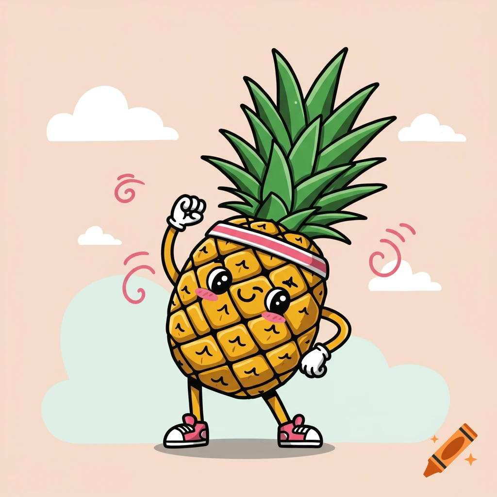 A cute cartoon pineapple character wearing a pink headband and sneakers stretches its arm, set against a peach background with clouds.