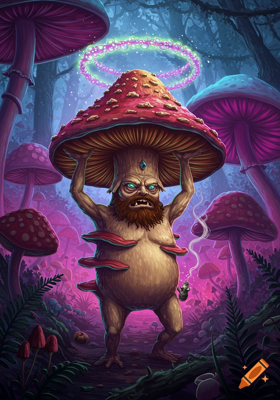 A grumpy, bearded mushroom creature holds a giant mushroom cap over his head in a vibrant, psychedelic forest with glowing accents.