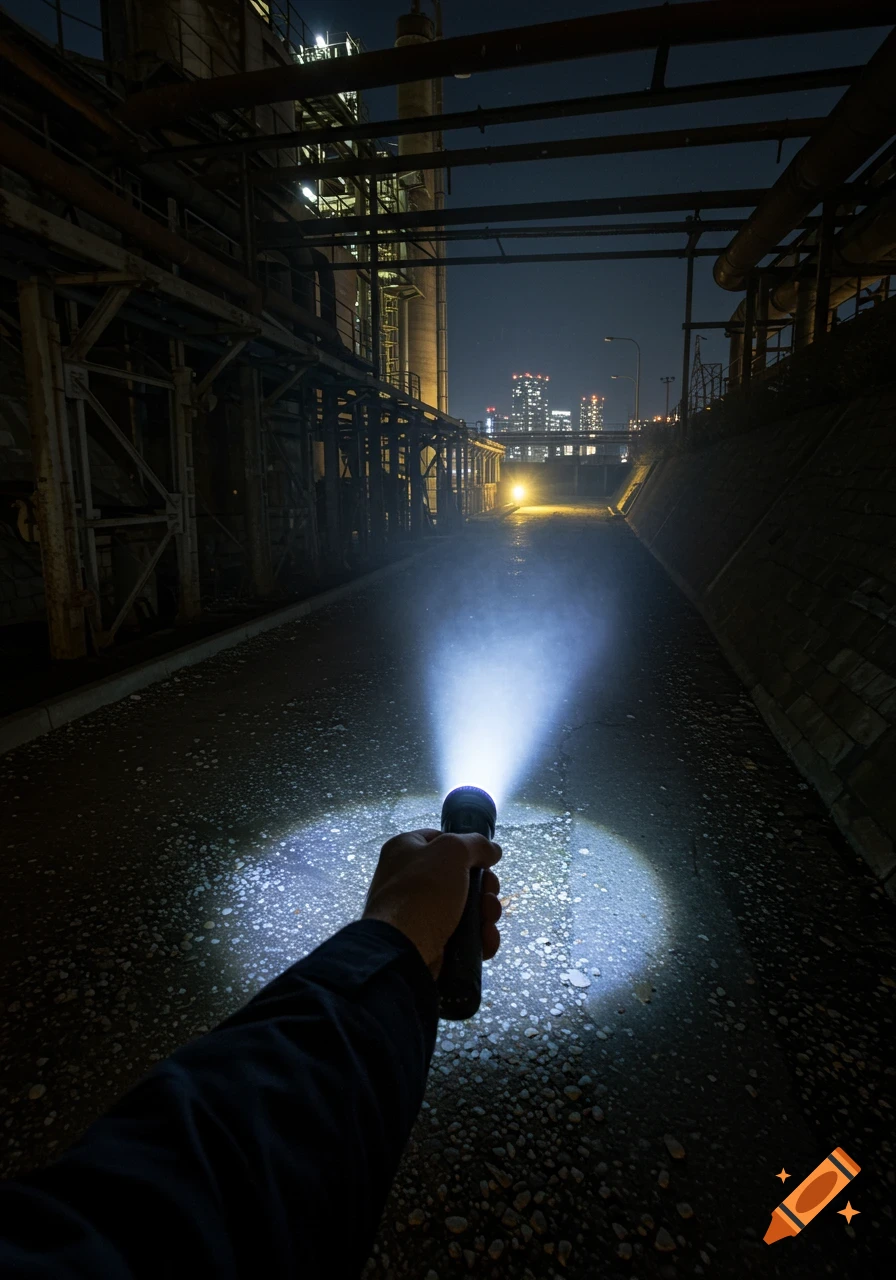 First-person view of a hand holding a flashlight, illuminating a dark industrial area with distant city lights.