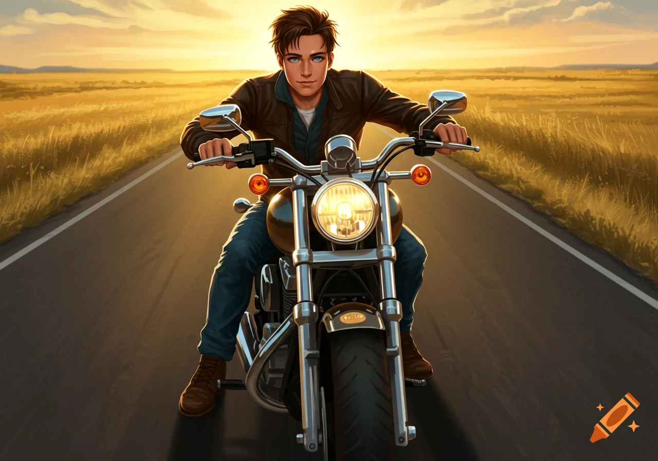 An illustration of a man with blue eyes and brown hair riding a motorcycle on a road through a field at sunset.
