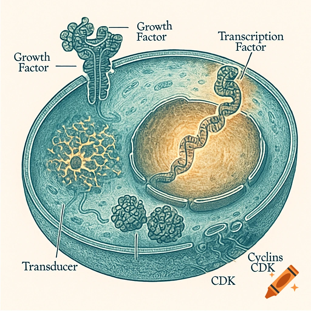 A detailed biological diagram illustrating cellular processes. It shows a cell with a nucleus, cytoplasm, and various labeled components like growth factors, a transcription factor, a transducer, cyclins, and CDK.