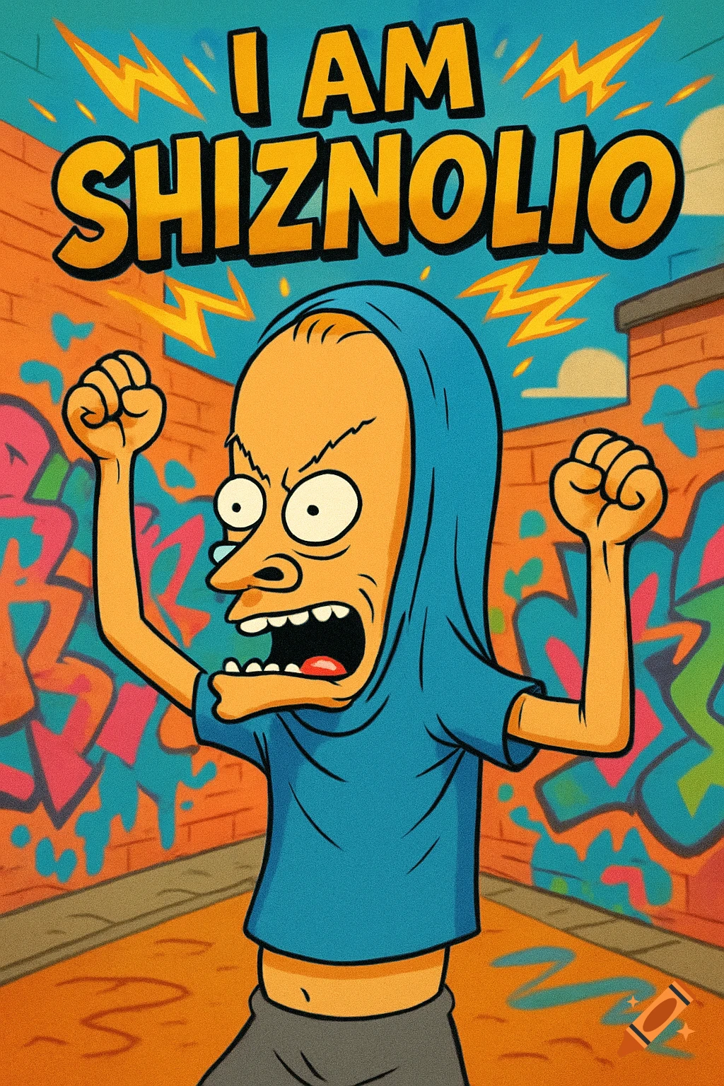 Cartoon of Beavis as Cornholio screaming with raised fists in front of a graffiti wall, with 'I AM SHIZNOLIO' text.