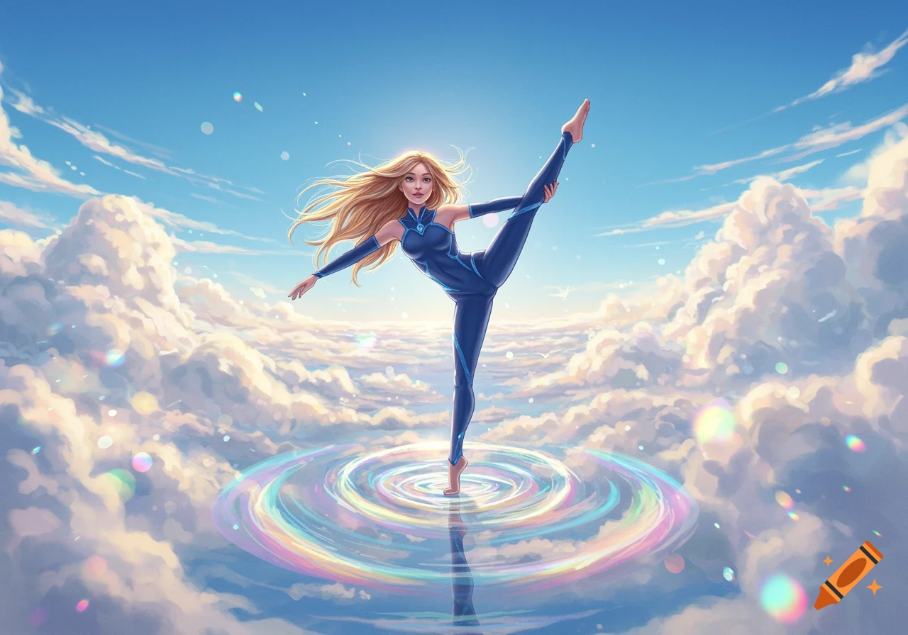 An illustrated fantasy scene of a girl in a blue suit performing a ballet pose among clouds above a colorful rippling pool.