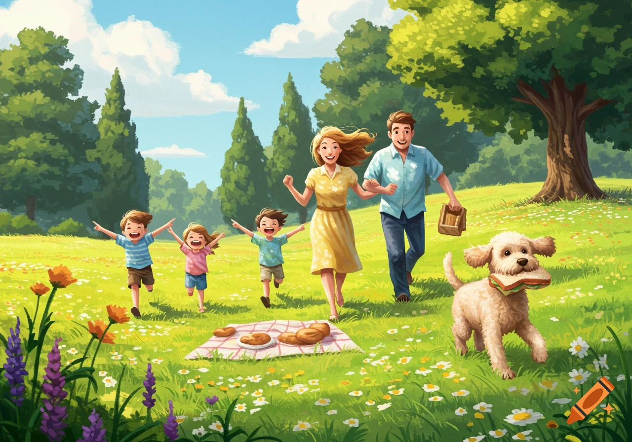 A happy family with three children and a dog with a sandwich runs towards a picnic blanket in a sunny, green park illustration.