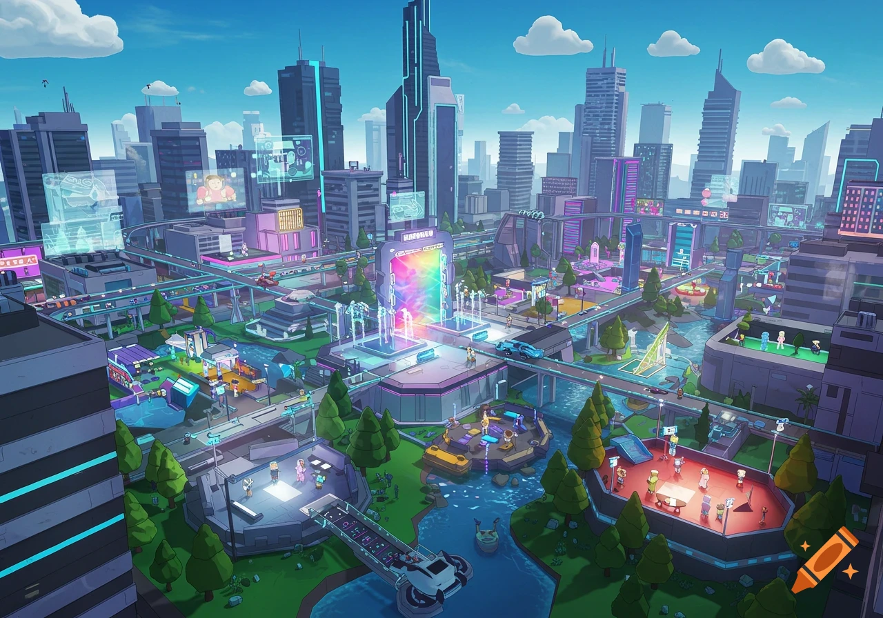 A vibrant, cartoonish futuristic city with tall buildings, monorail tracks, a river, and glowing neon lights, designed like a game environment.