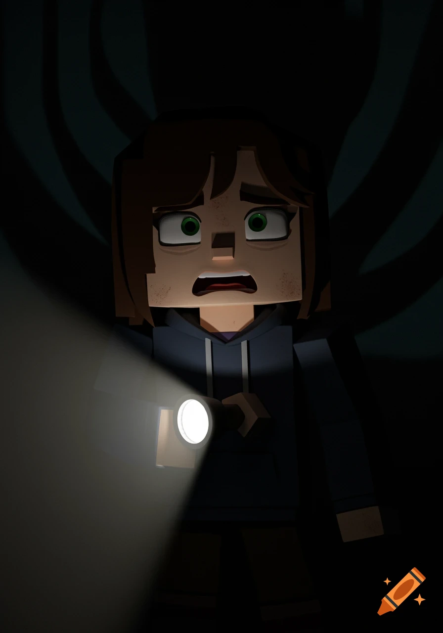 A horrified blocky girl with dark hair and green eyes holds a flashlight in a dark, shadowy room.