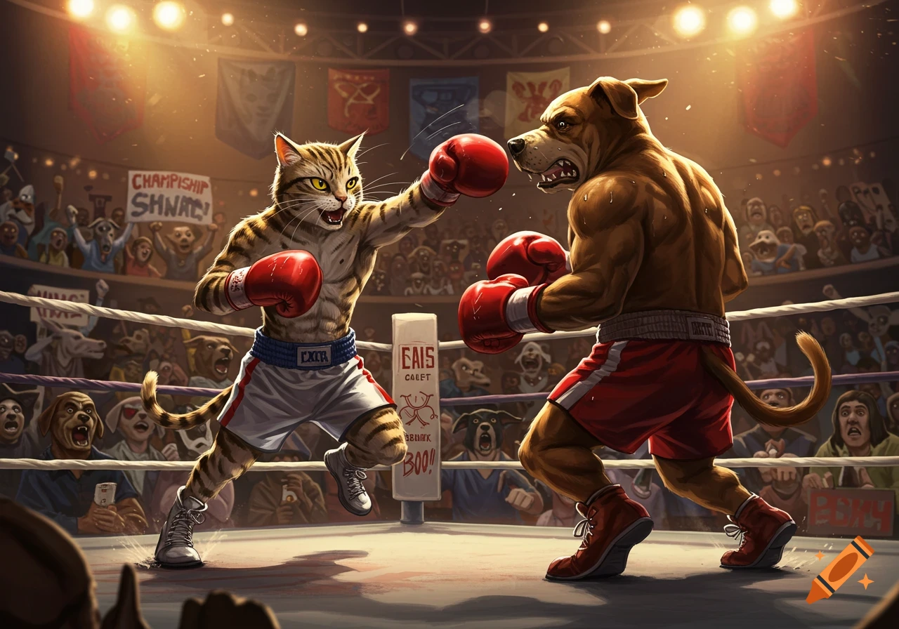 An anthropomorphic tabby cat and a brown dog punch each other in a brightly lit boxing ring, surrounded by a cheering crowd of animals.
