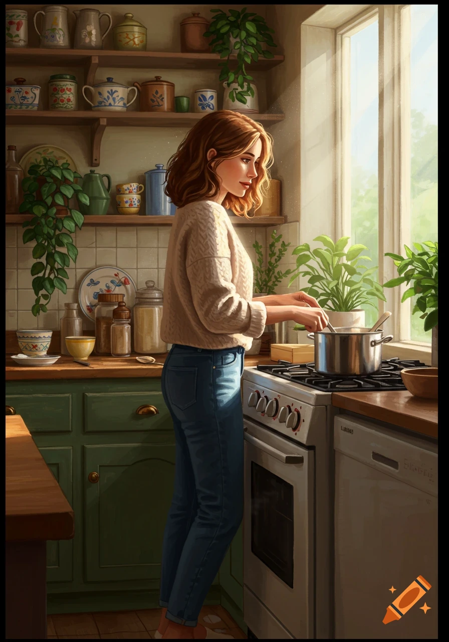 A woman with brown hair stands in a cozy kitchen, stirring a pot on the stove, illuminated by sunlight from a window.