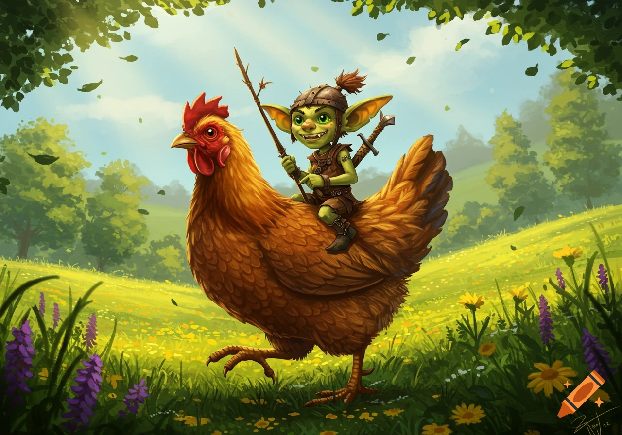 A whimsical illustration of a small green goblin warrior riding a large brown chicken through a sunny, flower-filled meadow.