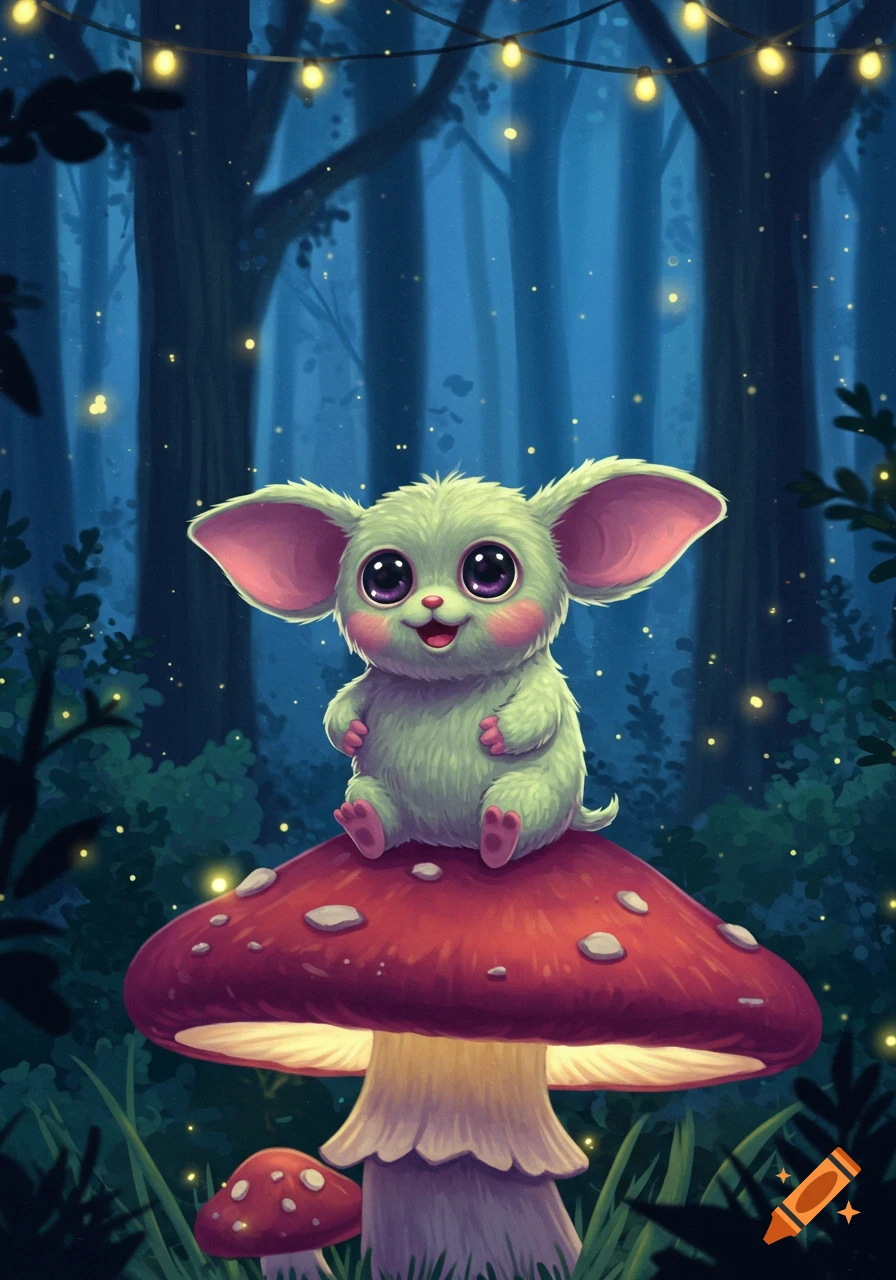 A cute, fluffy light green creature with large pink ears and big purple eyes sits on a red mushroom in a dark forest with fireflies.