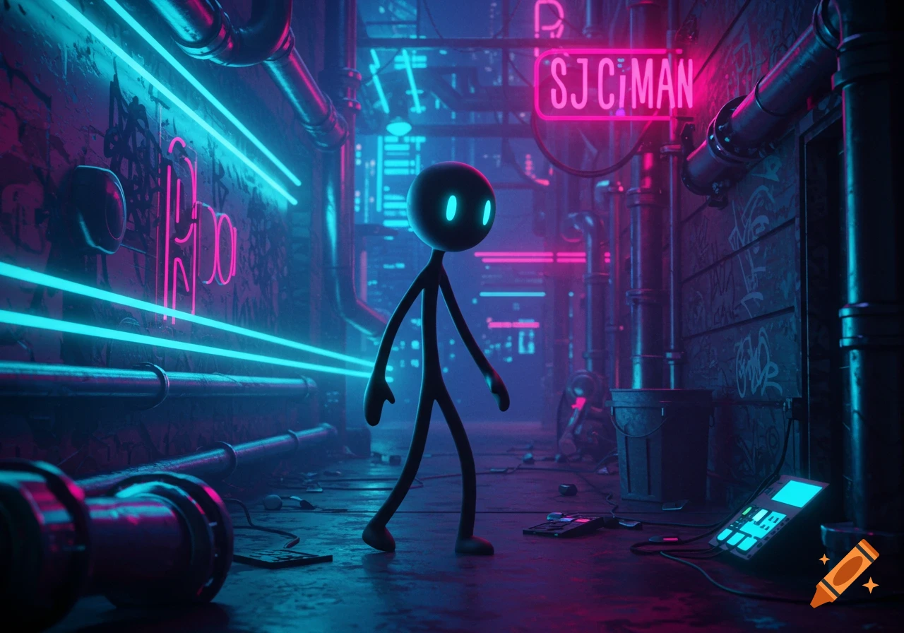 A black stick figure with glowing blue eyes walks through a neon-lit cyberpunk alleyway with pipes and graffiti.