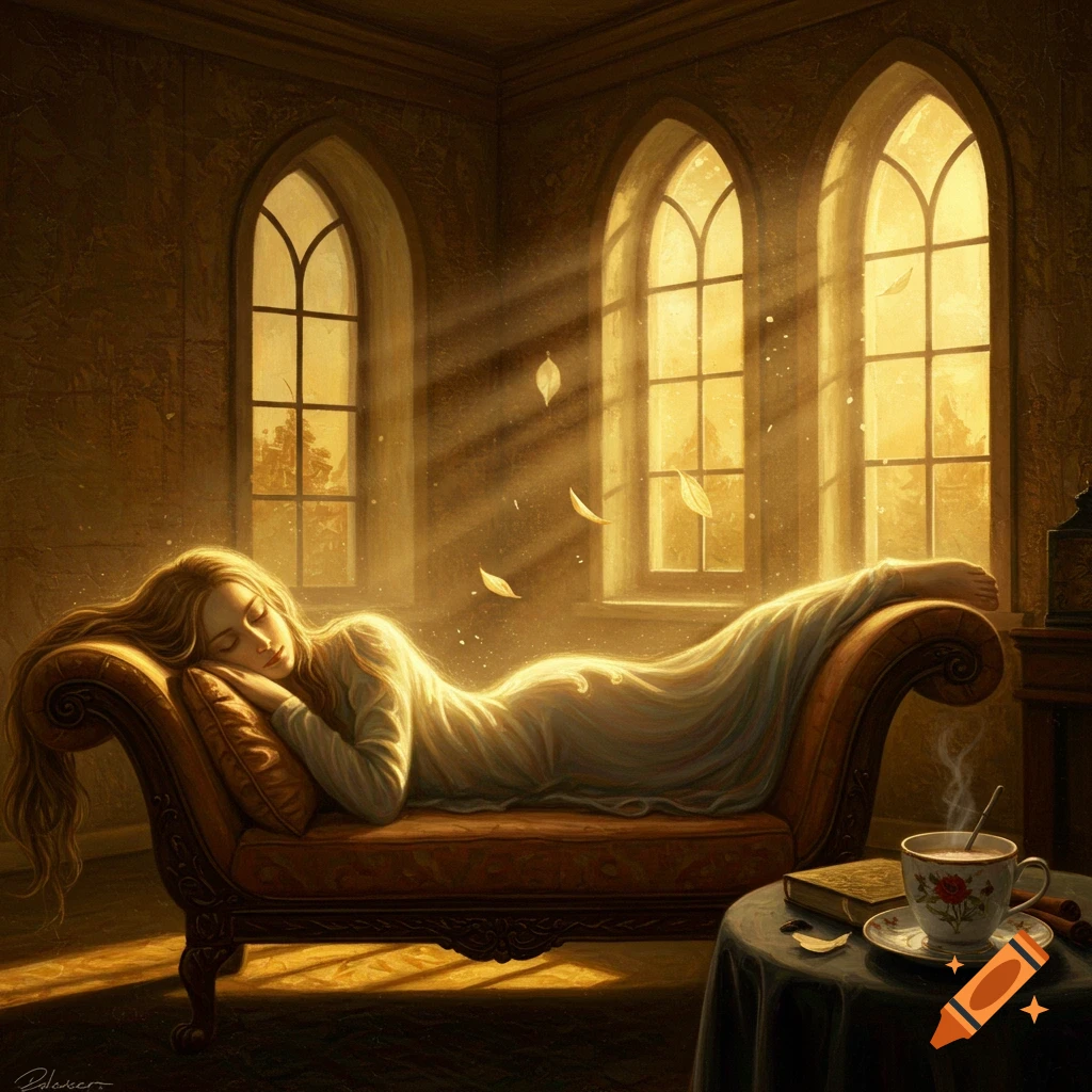 An oil painting of a woman sleeping peacefully on a chaise lounge in a sunlit room with arched windows, a cup of tea on a nearby table.