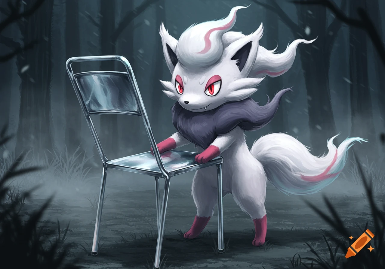 An illustrated Hisuian Zorua stands next to a silver folding chair in a dark, snowy forest.