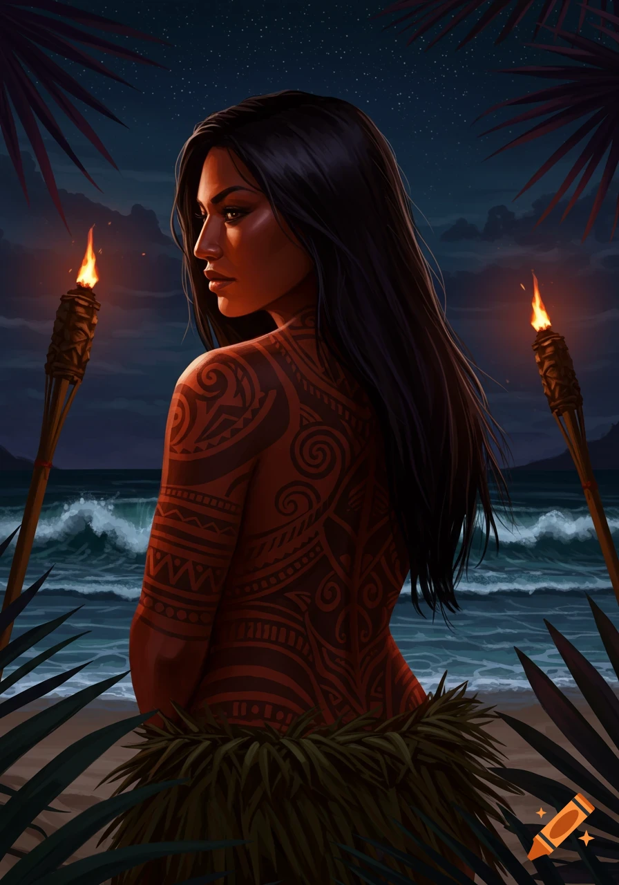 A Polynesian woman with extensive back tattoos stands on a beach at night, illuminated by torches. Stylized illustration.