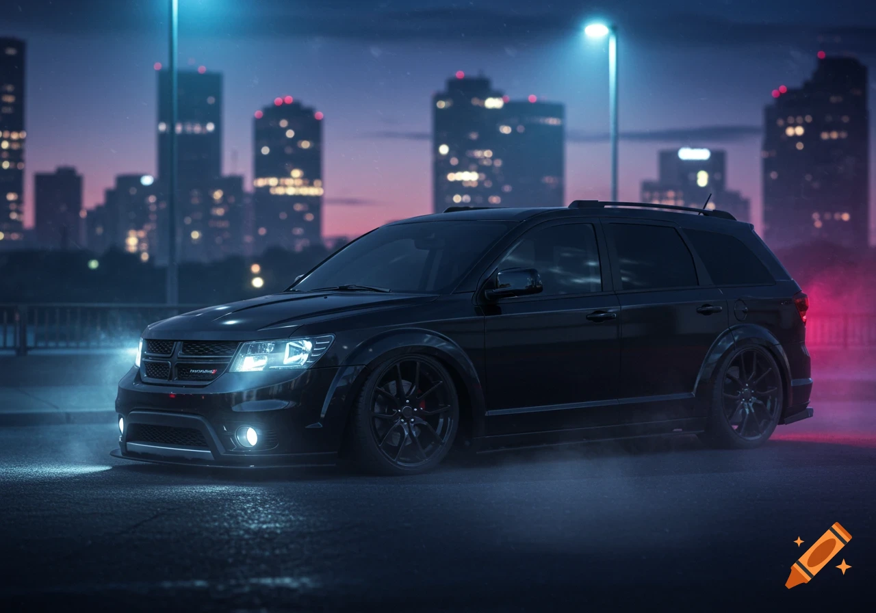 A black Dodge Journey SUV, lowered and modified, parked at night with bright headlights and city lights in the background.