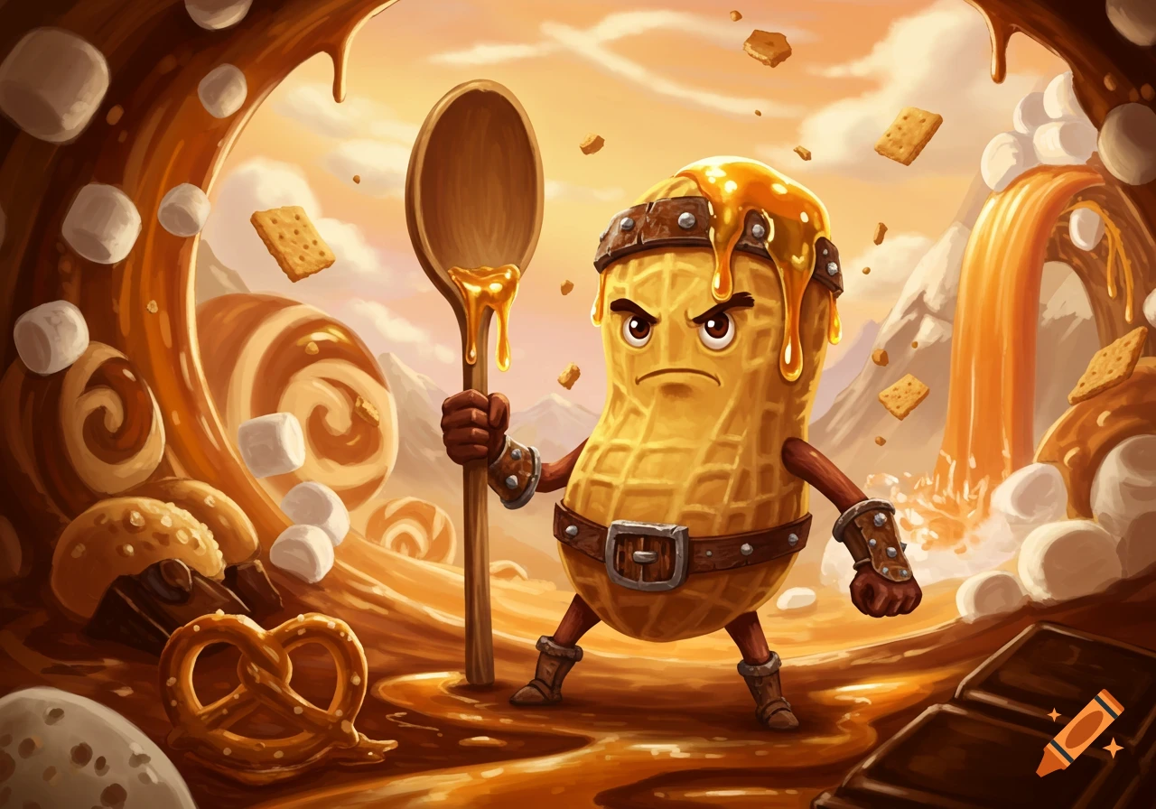 An angry cartoon peanut character holding a spoon in a fantasy landscape of melting caramel, marshmallows, and desserts.