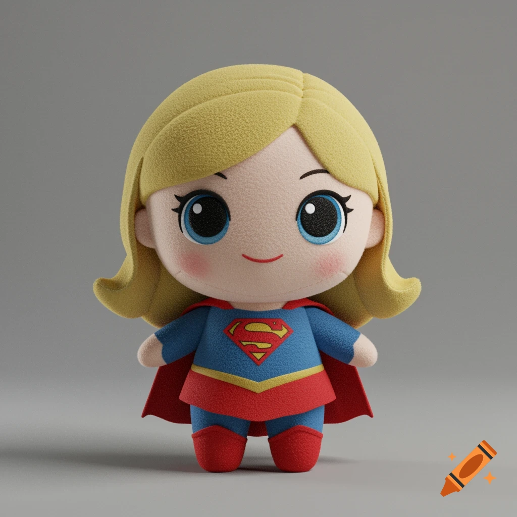 A cute, stylized Supergirl plushie doll with blonde hair and a red and blue costume, standing against a grey background.