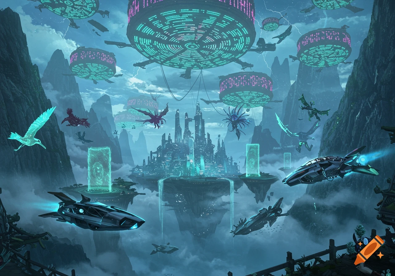 A futuristic city floats amidst mountains and clouds, with flying vehicles, glowing birds, and mythical creatures in a vibrant blue and green landscape.