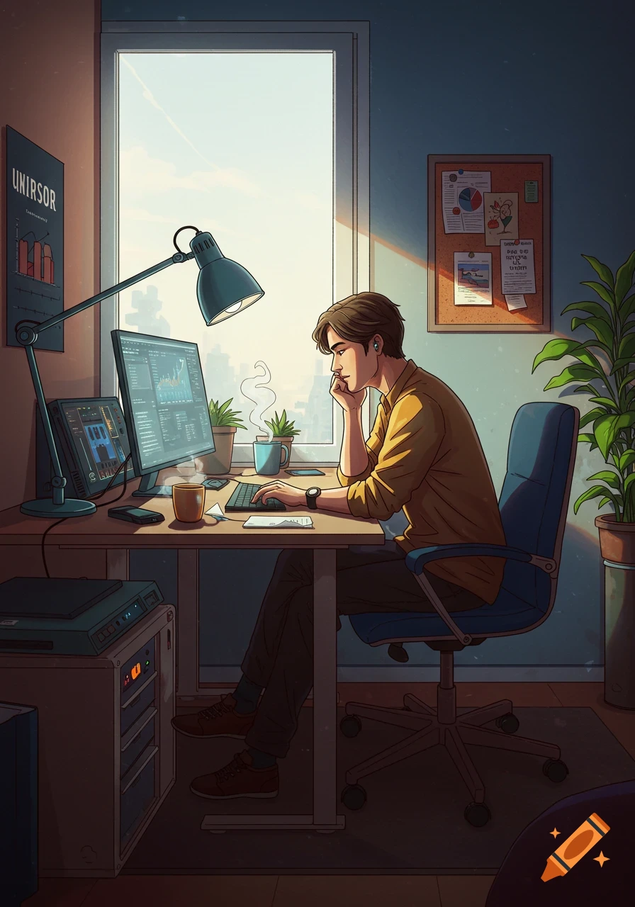 An illustration of a man with brown hair working diligently at a desk with multiple computer screens and a cup of coffee, bathed in warm sunlight from a large window.