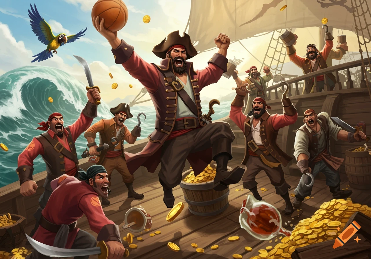 An energetic illustration of cartoon pirates on a ship deck, celebrating with a basketball, swords, and piles of gold coins, with a large wave and parrot in the background.