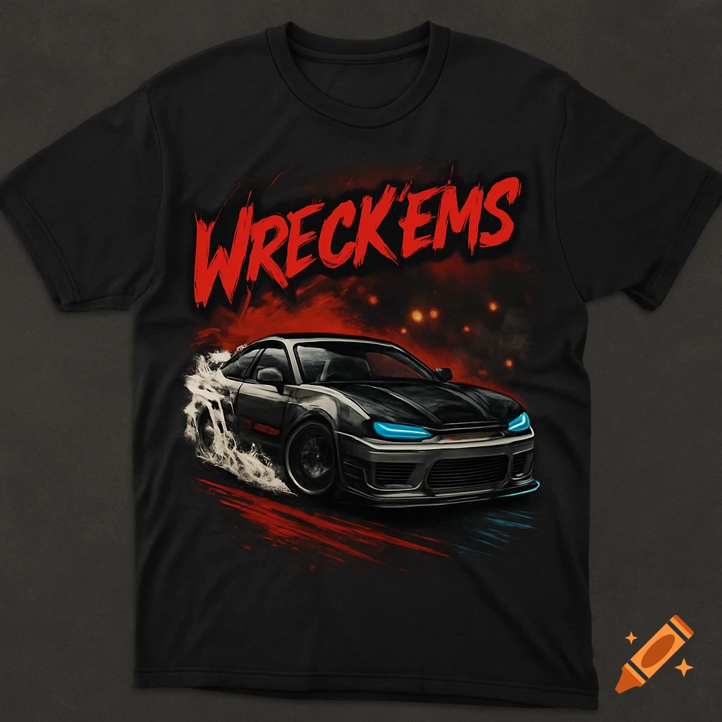 A black t-shirt featuring a stylized illustration of a dark grey sports car drifting with smoke and red streaks, below bold red text that reads "WRECKEMS."