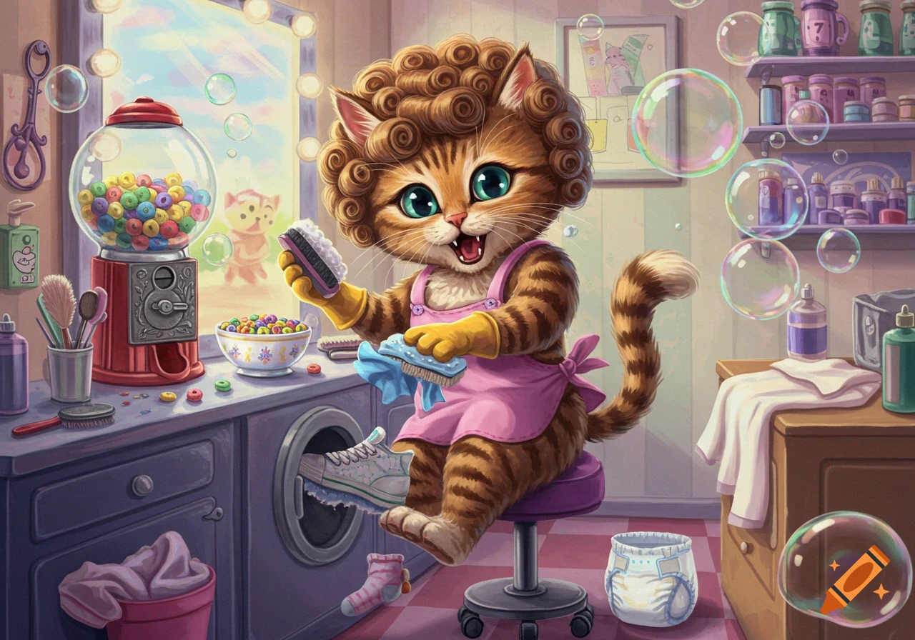 A cute cartoon cat with curly brown hair and an apron cleans a shoe in a vibrant laundry room with bubbles and a gumball machine.