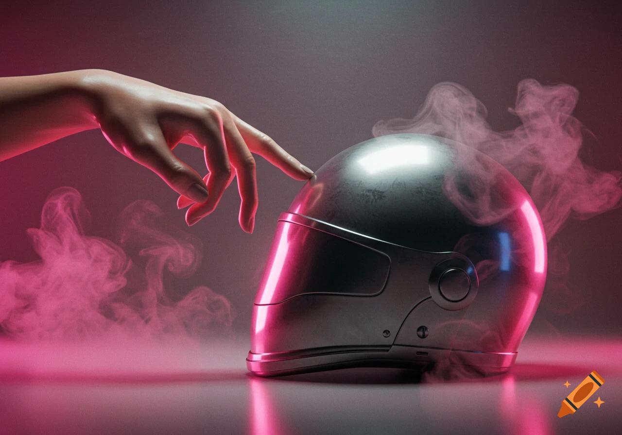 A hand gently touches a metallic helmet surrounded by glowing pink and blue smoke in a dark, moody setting.