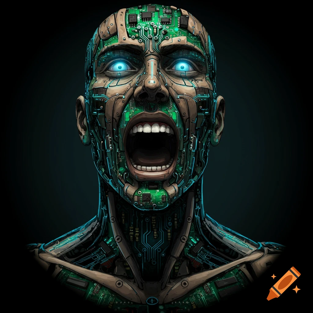 A screaming man's head and upper torso, composed of green circuit boards and metallic parts, with glowing blue eyes.