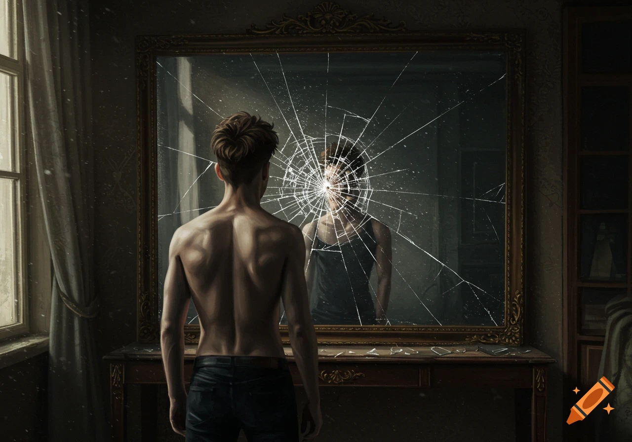Back view of a shirtless man with short hair gazing at a large, ornate, broken mirror with no reflection, photorealistic style.