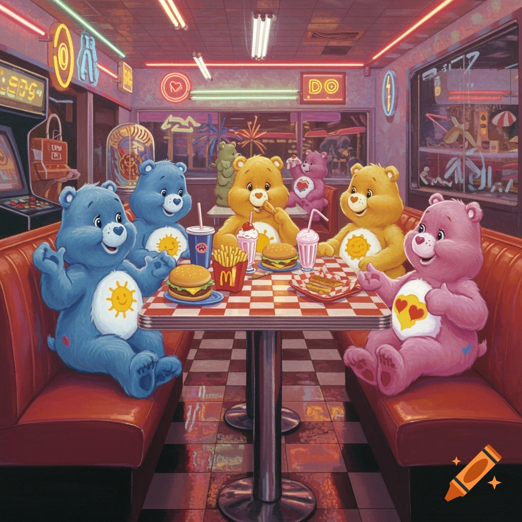 Care Bears sit in an 80s retro diner, enjoying hamburgers, fries, and milkshakes at a checkered table.